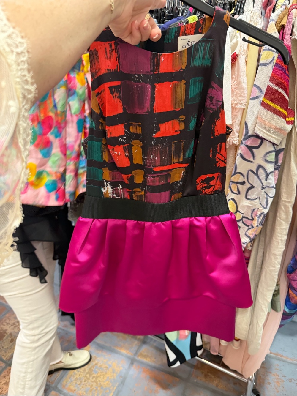 Milly Black Multicolor Painted-Print Bodice with Fuchsia Peplum